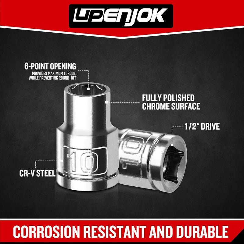 Upenjok 2PCS 1/2" Drive 10mm Socket Set, Shallow, Mirror Finish, Cr-V Steel, 6-Point - Image 4
